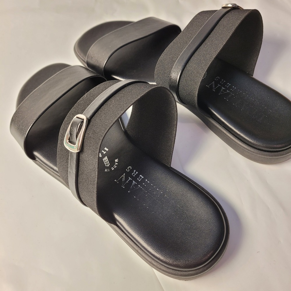 Italian Shoemakers Slide Sandals Womens 6 Black Elastic Buckle Flat Made Italy